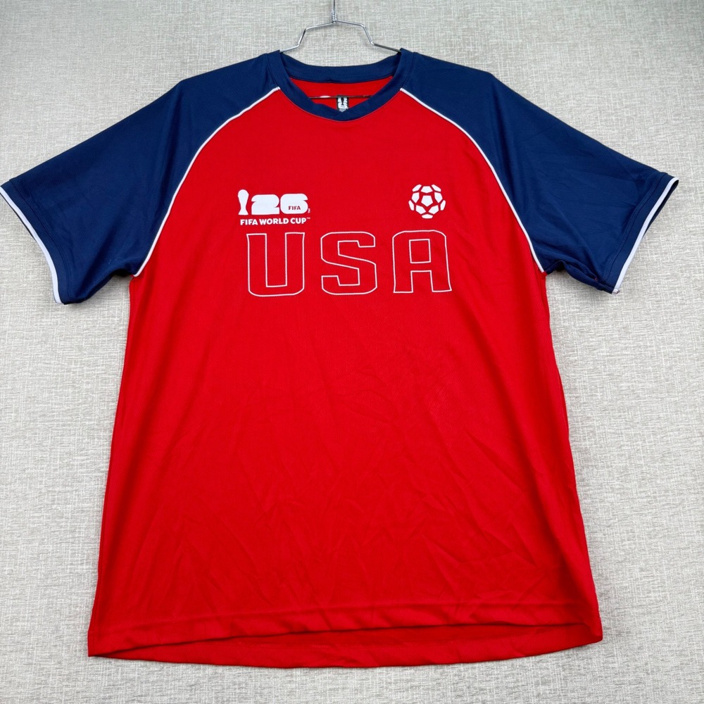 FIFA World Cup USA Soccer Jersey Mens XL Red Blue Short Sleeve Graphic Tee